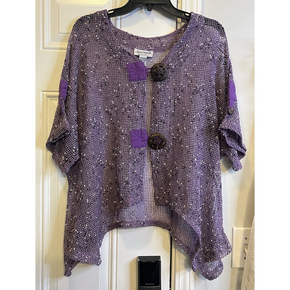 Serengeti L Lavender Open Knit Mesh Cardigan Sweater Coconut Buttons Boho Fairy